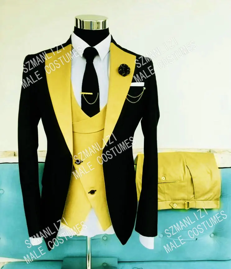 

SZMANLIZI 2020 Classic Yellow Black Slim Fit Men Wedding Suits 3 Piece Peaked Lapel Groomsmen Groom Tuxedos Formal Suits For Men