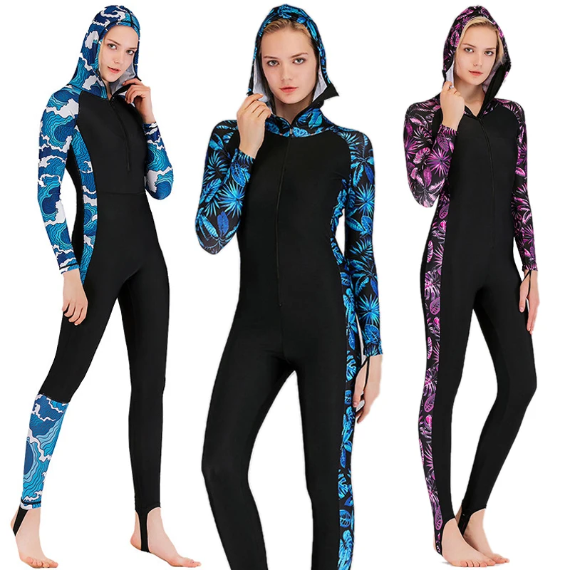 SBART Lycra Rash guards with hood women one piece Swimsuit UPF 50+ Diving Suit Quick dry long sleeve swimwear surfing full body