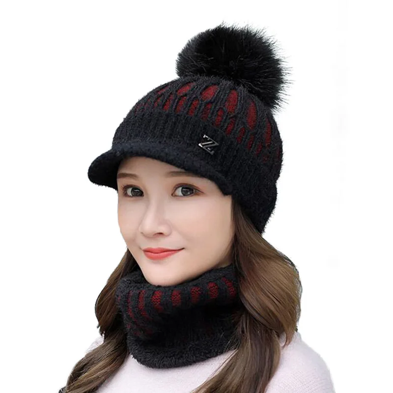 Winter knitted Beanies Hats Women Thick Warm Beanie Skullies Hat Female knit Letter Z Bonnet Beanie Caps Outdoor Riding Ski Sets