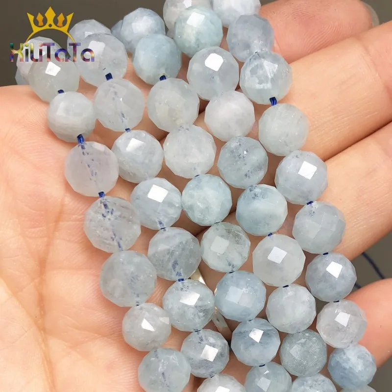 8mm Natural Stone Beads Faceted Blue Aquamarines Loose Spacer Beads For Jewelry Making DIY Bracelet Ear Studs Accessories 7.5''