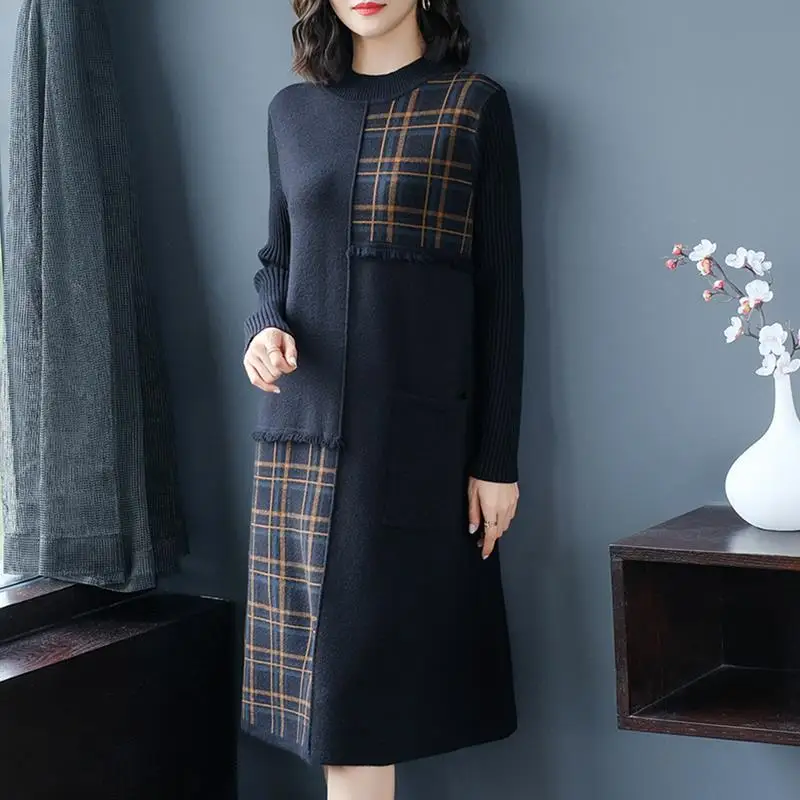 Vrouwen Herfst Lange Jurk Breien Trui Half Hoge Kraag Trui Patchwork Plaid Patroon Kwastje Vrouwelijke Bodem Kleding 2021 Nieuwe