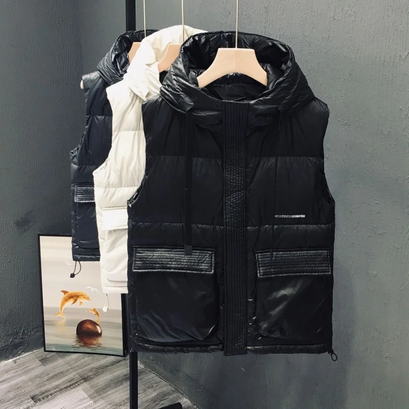 Pockets Youth Cargo Down Vest Fashion Mens Casual Sleeveless Down Jacket Hooded Korean Style Autumn Winter Vest Outerwear