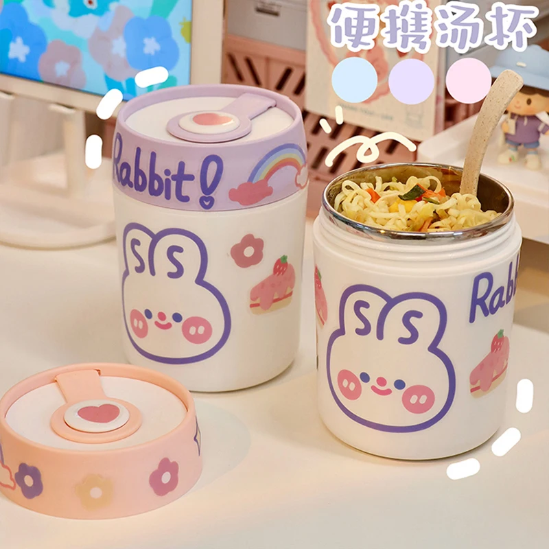 Lunch Box Student Stainless Steel Insulated Thermos Cup Female Portable Bento Box with DIY Sticker Kawaii Food Container Storage