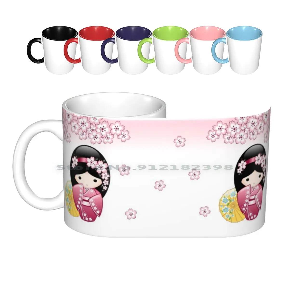 Japanese Spring Kokeshi Doll Ceramic Mugs Coffee Cups Milk Tea Mug Spring Kokeshi Doll Cute Girly Vector Sakura Cherry Blossom