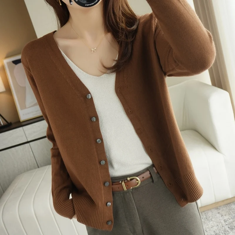 Spring Autumn New V-Neck Knitted Cardigan Women\'s Loose Large Size Thin Sweater All-Match Jacket Pure Color Basic Small Cardigan