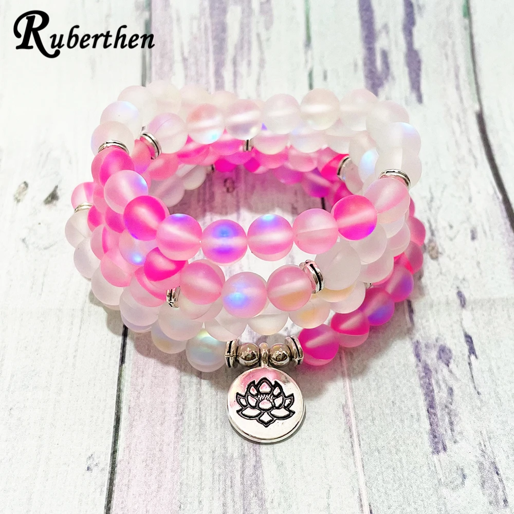 Ruberthen Women`s Mermaid Beads Lotus Charm Bracelet Natural Matte Crystal Beads Wrap Bracelet Vintage Buddish Yoga Necklace