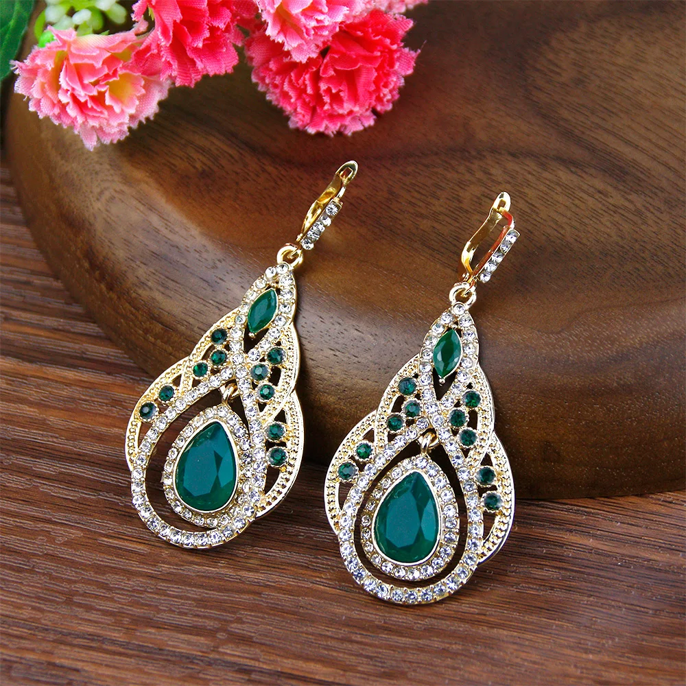 Sunspicems Chic Morocco Women Drop Earring Full Crystal 18K Gold Color Palace Banquet Wedding Jewelry French Bridal Earring Gift