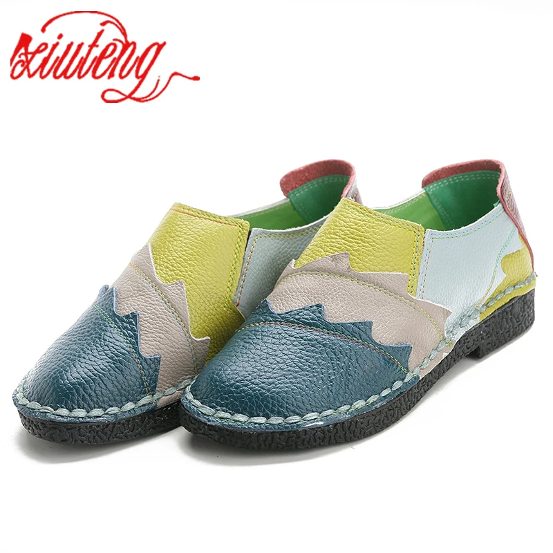 Xiuteng 2024 Women Loafers Patches stitching Flat Shoes Woman Summer Flats Soft Candy colors Genuine Leather Moccasins Loafers