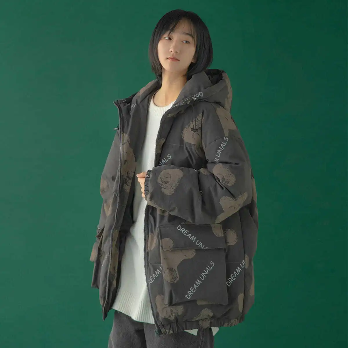 Large pocket tooling padded jacket women 2024 winter loose print hooded thick warm jacket for student daily working lady girls