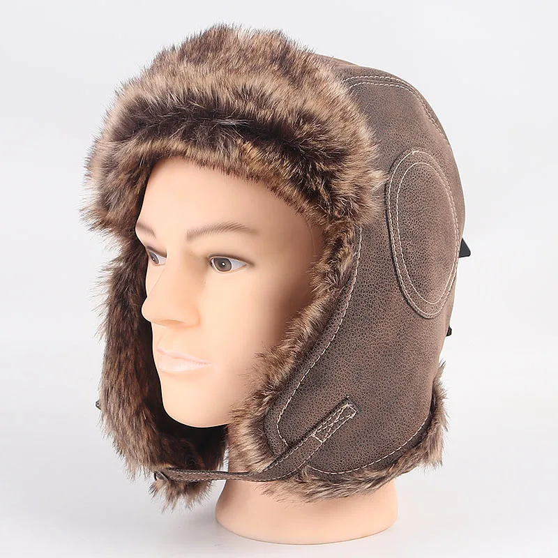 

New Pu Leather Lei Feng Hat Men and Women Winter Warm Ear Cap Protection Windproof Skiing Wool Caps Panama Hats