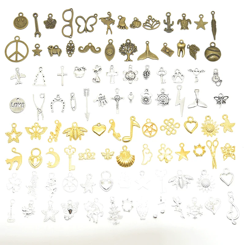 100pcs Tibetan Silver Mixed Animal Leaf Key Crown Charms Alloy Metal Pendants For DIY Handmade Jewelry Accessaries Making