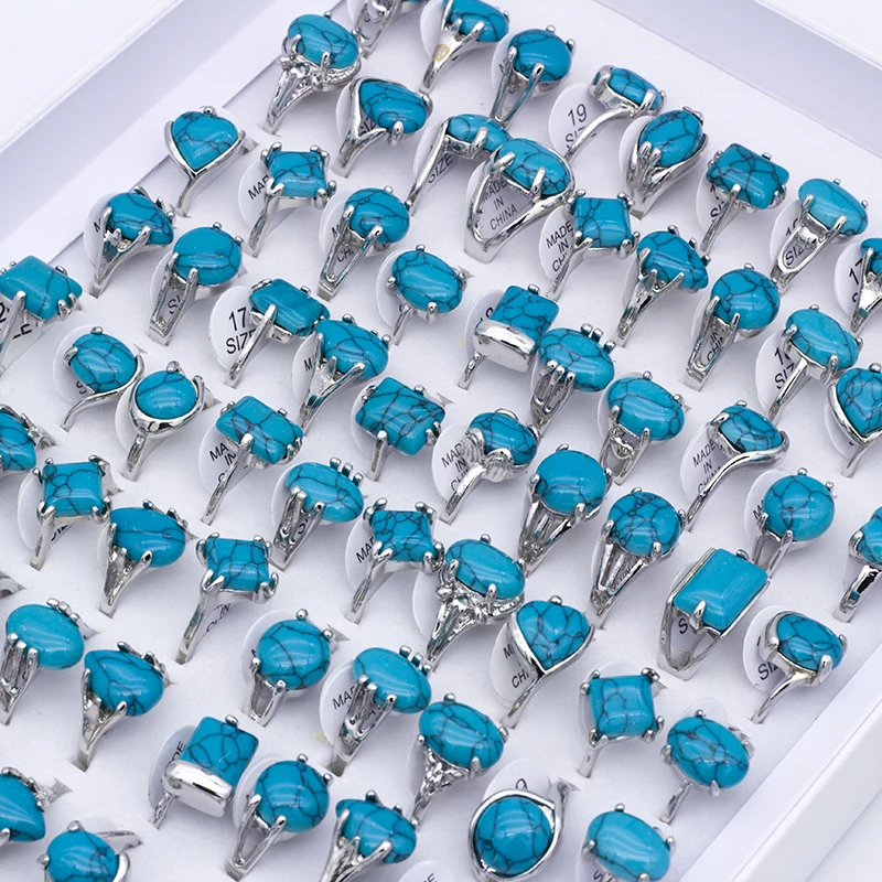 

25pcs Blue Stone Vintage Rings Mixed Styles Irregular Shape Beautiful Ethnic Alloy Women Ring Wholesale Lots Bulk