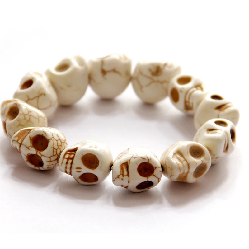 Natural Stone Men Women Skull Elastic Bracelet Lava Beads Tiger Eye Bangle