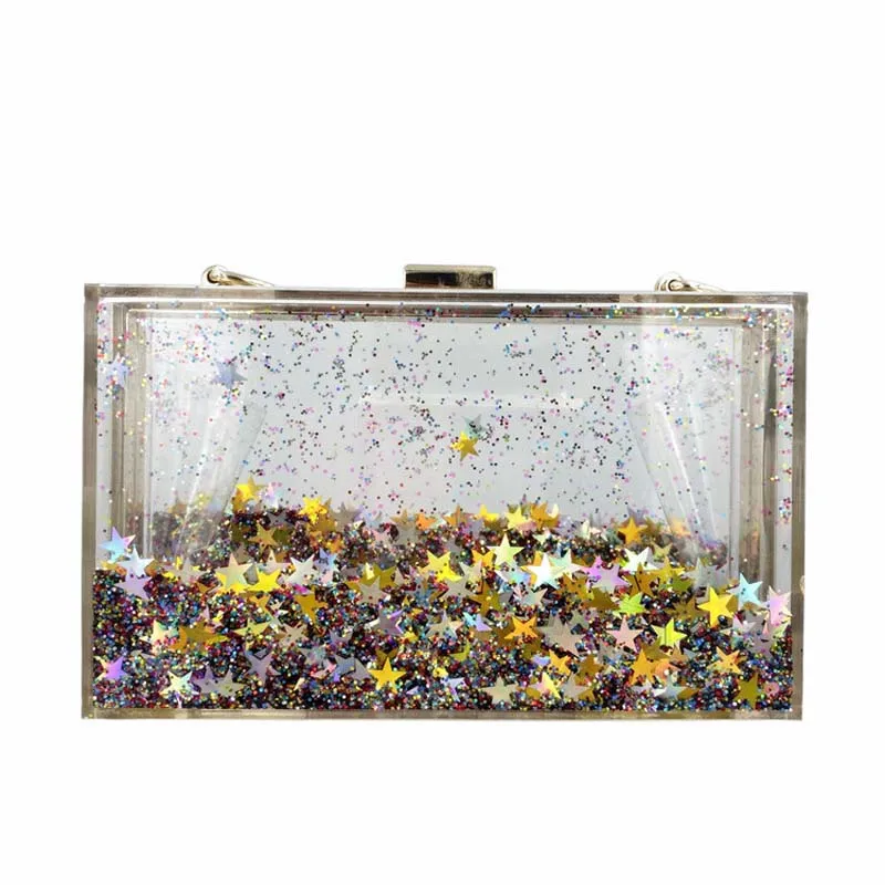 luxo feminino liquido glitter acrilico bolsa de embreagem areia movedica em po transparente caixa bolsas praia verao bolsas com corrente de metal 01