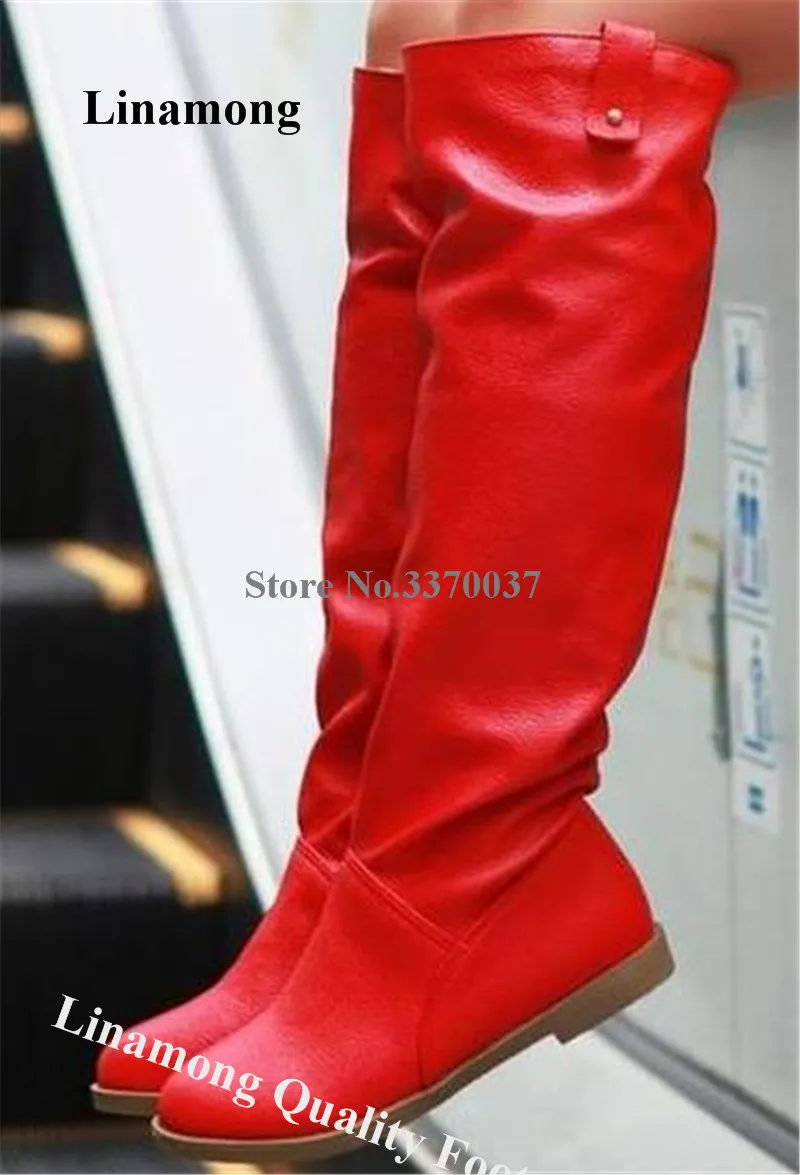 Linamong Casual Flat Knee High Boots Women Matte Red Leather Round Toe Long Flat Boots Women Leisure Boots Big Size 47 Boots