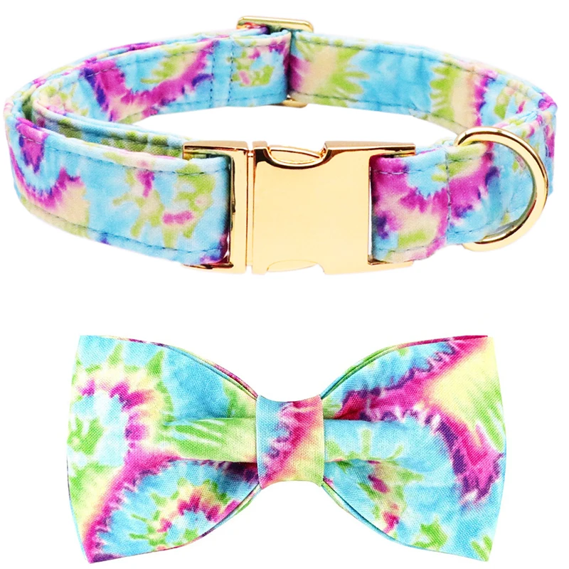 Unique Style Paws Cotton Dog Collar with Bow Tie Adjustable Tie Dye Pet Dog Collar for Large Medium Small Dog