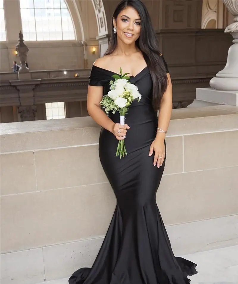 2021 Black Mermaid Long Evening Dresses Off Shoulder V Neck Backless Satin Prom Party Gown New Vestidos De Fiesta