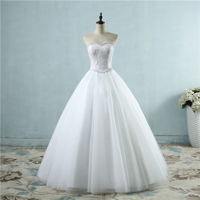 ZJ9069 Sweetheart Ball Gown Wedding Dresses Vestido De Noiva Fashion Lace Bodice Pearls Tull Formal Bride Dress Hot Sale