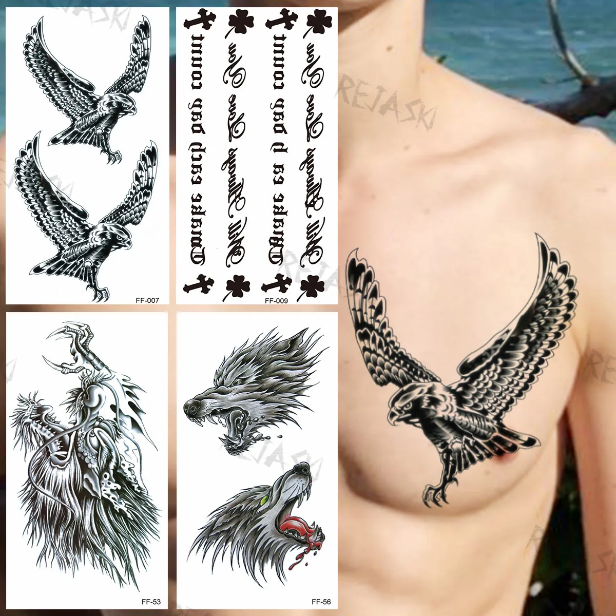 Bald Eagle Temporary Tattoos For Men Adults Wolf Dragon Alphabet Crooss Fake Tattoo Sticker Chest Arm Waterproof Tatoos