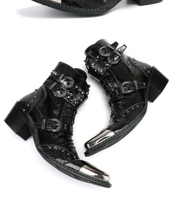 Men's Cowhide Serpentine Print Metal Decor Pointed Toe Belt High‑Heel Short Boots Western Cowboy Boots For Stage Show Party