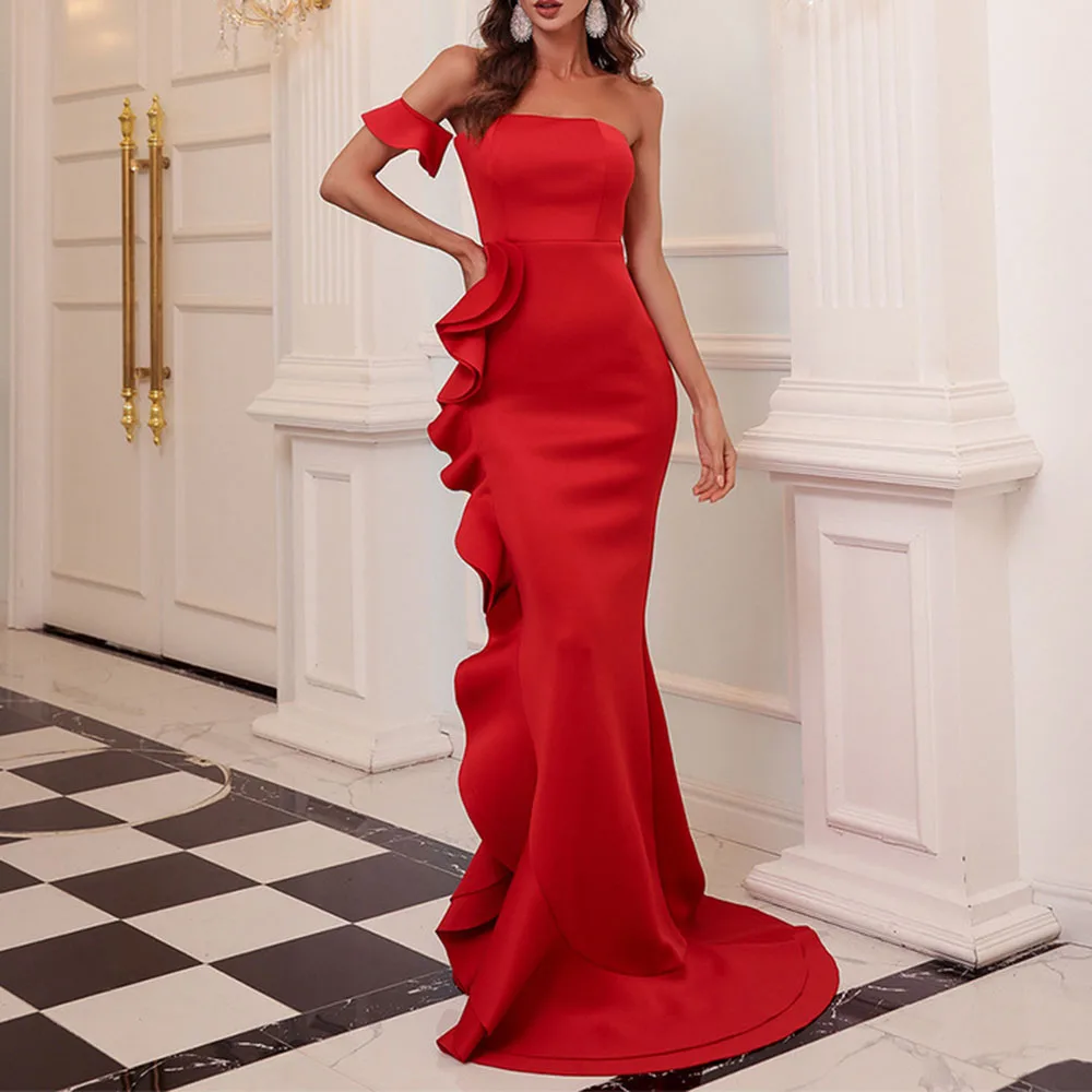 

Nice Summer Strapless Floor Length Evening Party Long Dress Sexy Red Off The Shoulder Ruffle Slim Dinner Formal Mermaid Dress