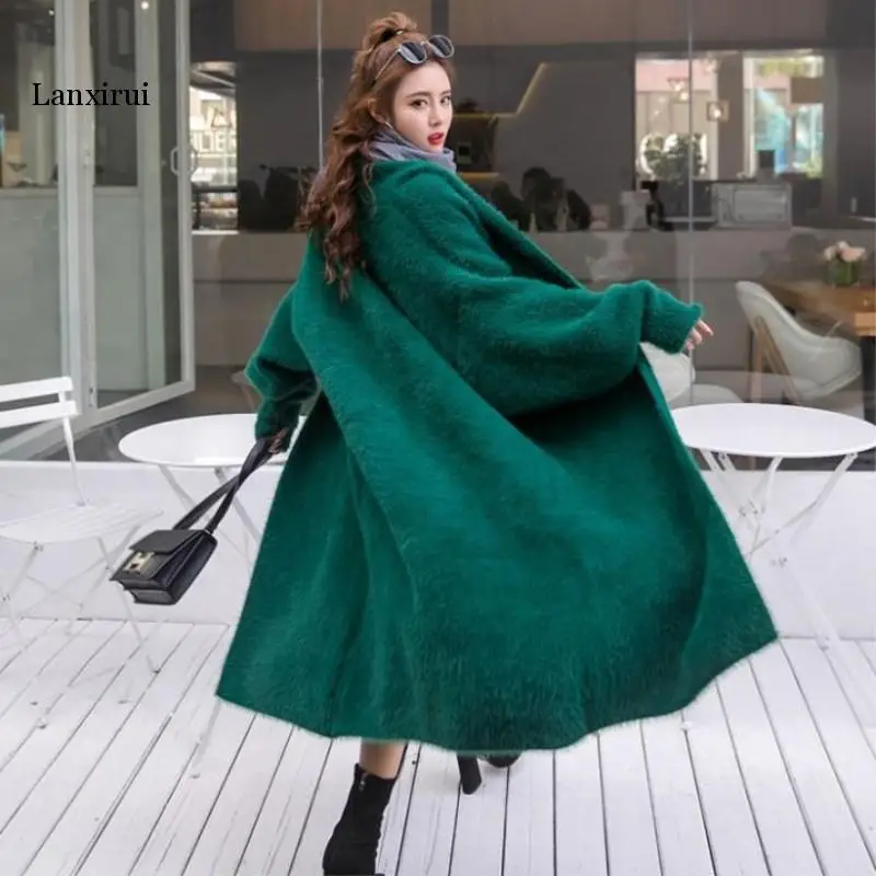 

Korean-style Bat Sleeve Large Size Sweater Women's Loose-Fit Elegant Faux Mink Cashmere Solid Color X-long Knitted Cardigan Coat