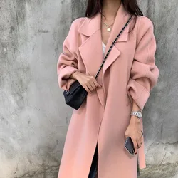 2023 Korean Style Women Long Woolen Blends Jacket Casual Cardigan Coats Fashion Autumn Overcoat Lady Wool Coat Warm Pink Outwear