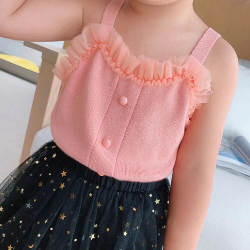 Baby Girls Summer Vest New Western Style Sling Korean Style Ruffle Halter T-Shirt Princess Party Sling Lace Top Tee