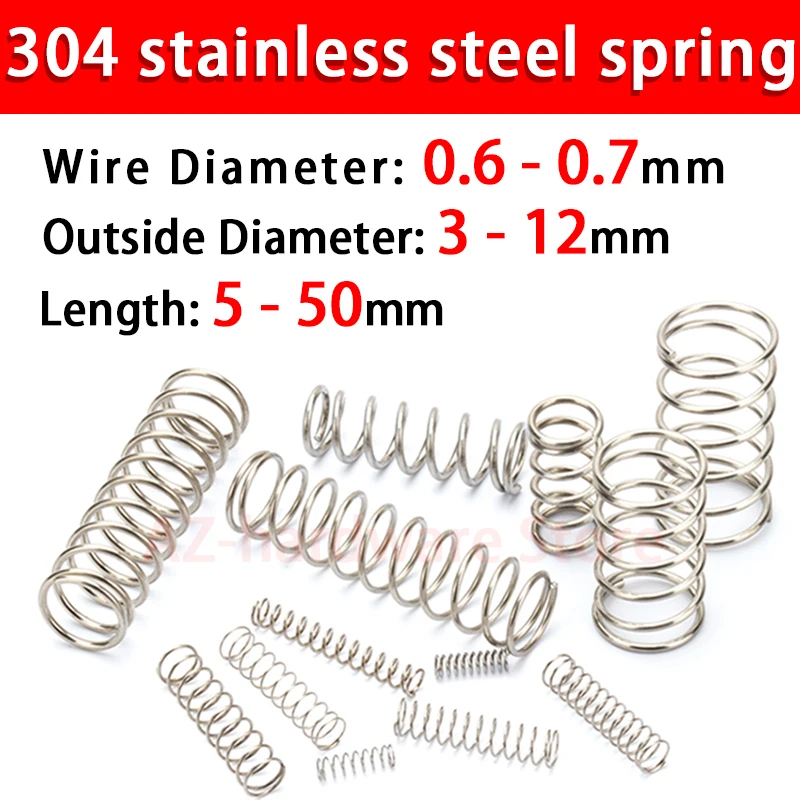 304 Stainless Steel Compression Spring Return Spring Steel Wire Diameter 0.6~0.7mm Outside Diameter 3~12mm 10 Pcs