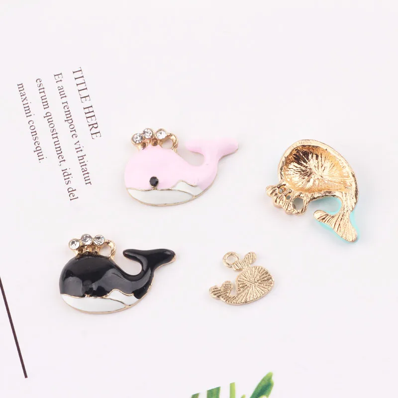 10pcs Cute Rhinestone Whale Enamel Charms Gold Color Alloy Ocean Pendants Fit Earrings Bracelet DIY Material Jewelry Accessories