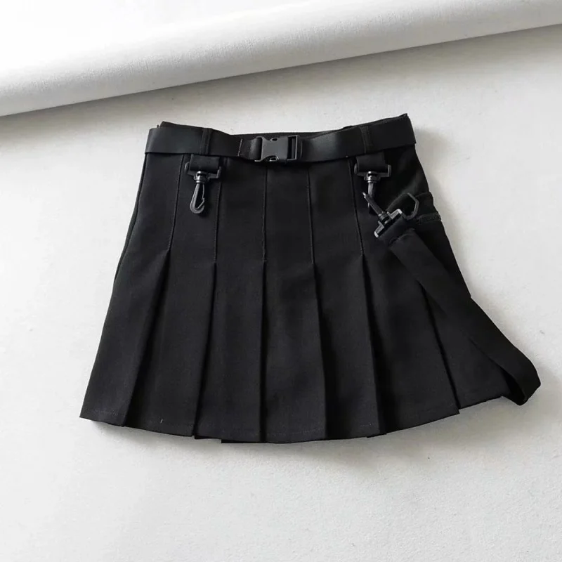 Preppy Summer Style High Waist Sashes Womens Pleated Skirts Solid Plaid Pockets Slim Fit Fashion Female A-Line Shorts Skirts