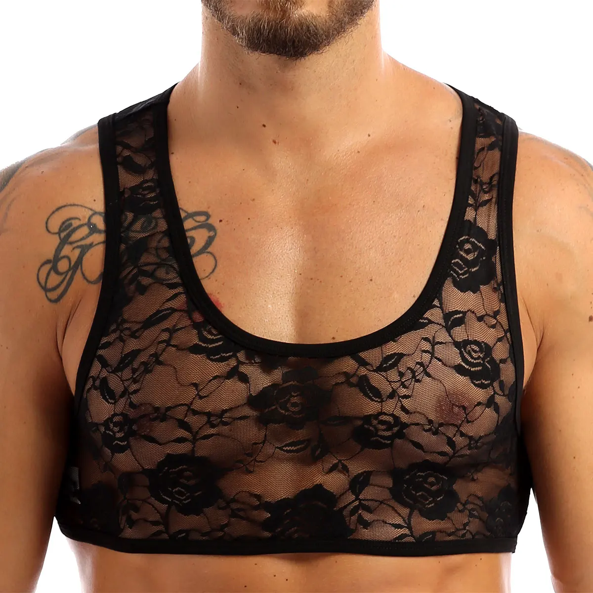 Mens Sissy See Through Sheer Lingerie Nightwear Sexy Vest Top Stretchy Floral Lace Short Vest Crop Tops Valentine's Sleepwear