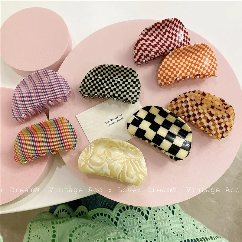 New Acetate Hair Claw Clips Korean Colorful Plaid Grid Mosaic Geometric Hair Clamps Crab Shark Clip Ins Women Accessories