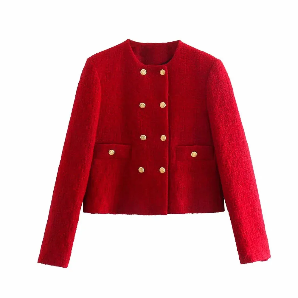 XEASY-Conjunto de dos piezas de Tweed para mujer, Blazer de oficina Vintage, rojo oscuro, doble botonadura, cintura alta, minifalda, 2021