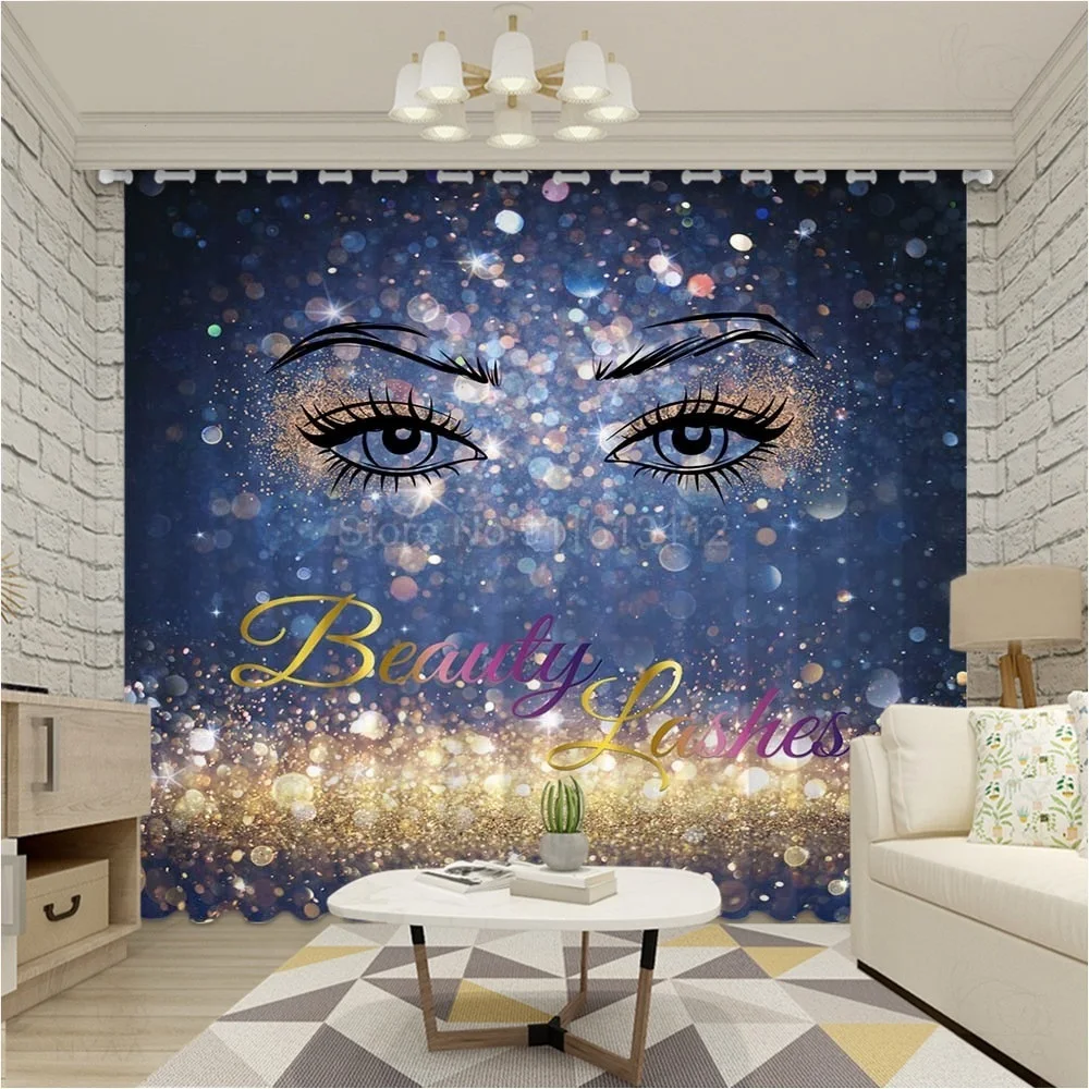 Eyelash Print Window Curtains Gold White Living Room Curtains Girls Cute Eyes Bedroom Accessories Curtain With Hooks or Rings