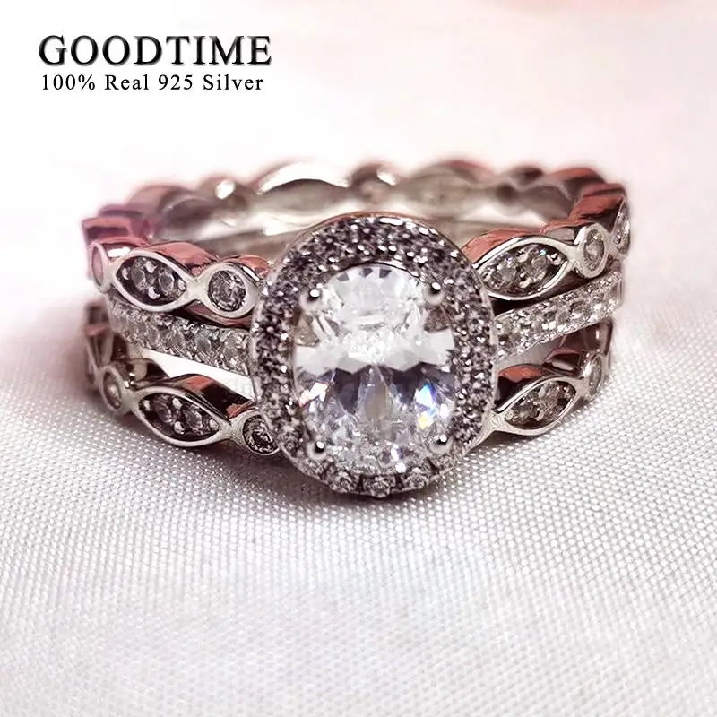 Luxury Wedding Ring Bridal Set Pure 100% 925 Sterling Silver 3 Pcs Engagement Zircon Ring Jewelry Accessories Gift For Women