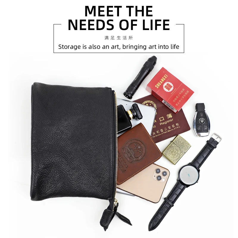 Genuine Leather 7.9 Inch Men Clutch Bag Classic Lychee pattern Handbags Large Capacity Hand Bag Phone Holder Card Holder Purse