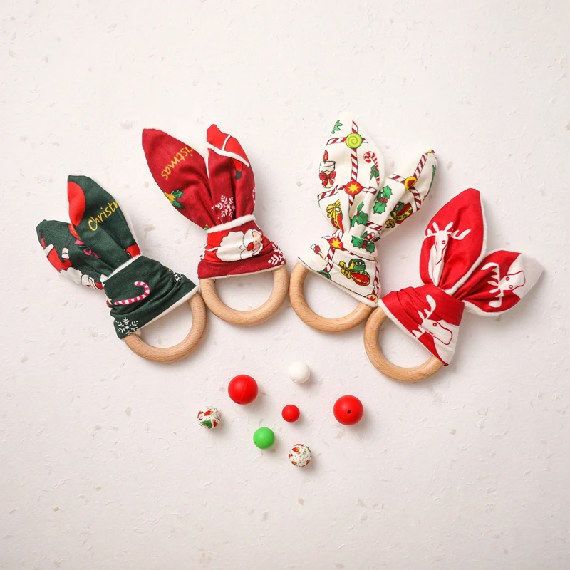 1Pc Baby Christmas Bunny Ear Bracelet Natural Wooden Circle Ring Infant Teether Pure Cotton Rattles Toys Christmas Gifts For Kid