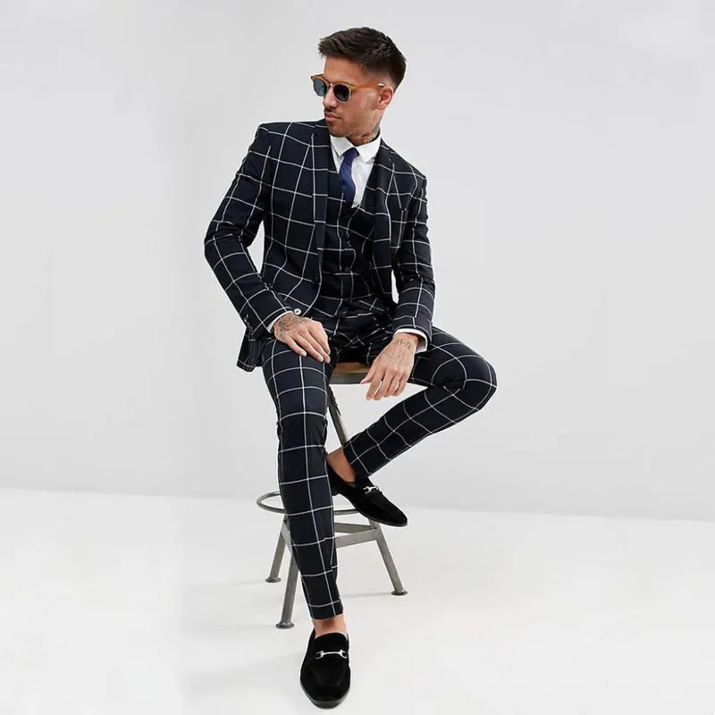 

Black Checked Men's Suit Notched Lapel Blazers Slim Fit Male Tuxedos Wedding Groom Wear 3 Pieces Set Prom Jacket Vest And Pants