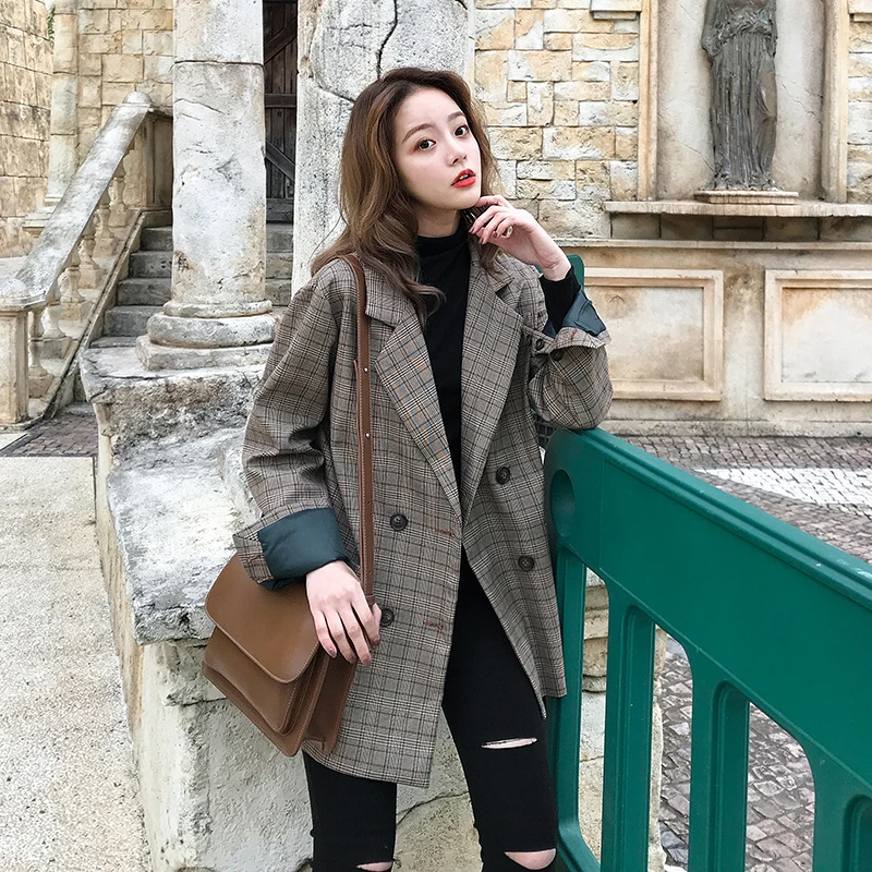 

Spring Autumn Vintage Double Breasted Office Ladies Plaid Blazer Long Sleeve Loose Retro Suits Coat Jacket Women Female
