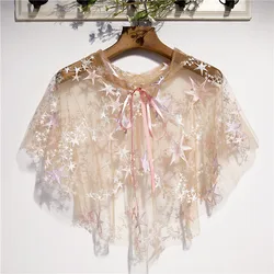 Women's Spring Summer Star Embroidery Pink Mesh Pashmina Female Summer Sunscreen Lace Shawl Cloak R380