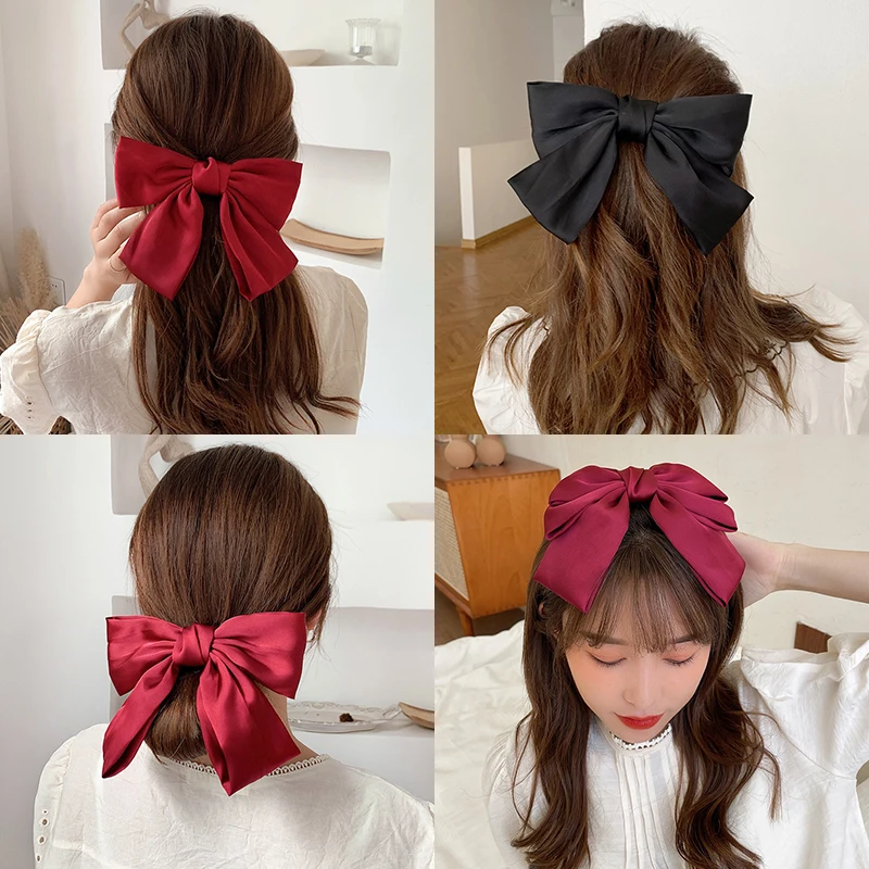 New Big Large Barrette Bow Satin Ribbon Hair Clip Tie Spring Headbands For Women Girls Fashion Hairpin Ponytail Hair Accessories