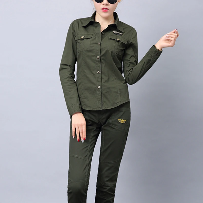 Outdoor Sports Tactical Blouse Shirt Women Military Uniform Suit Straight Cotton Slim Fit Trousers Training Shirt Army Green Set