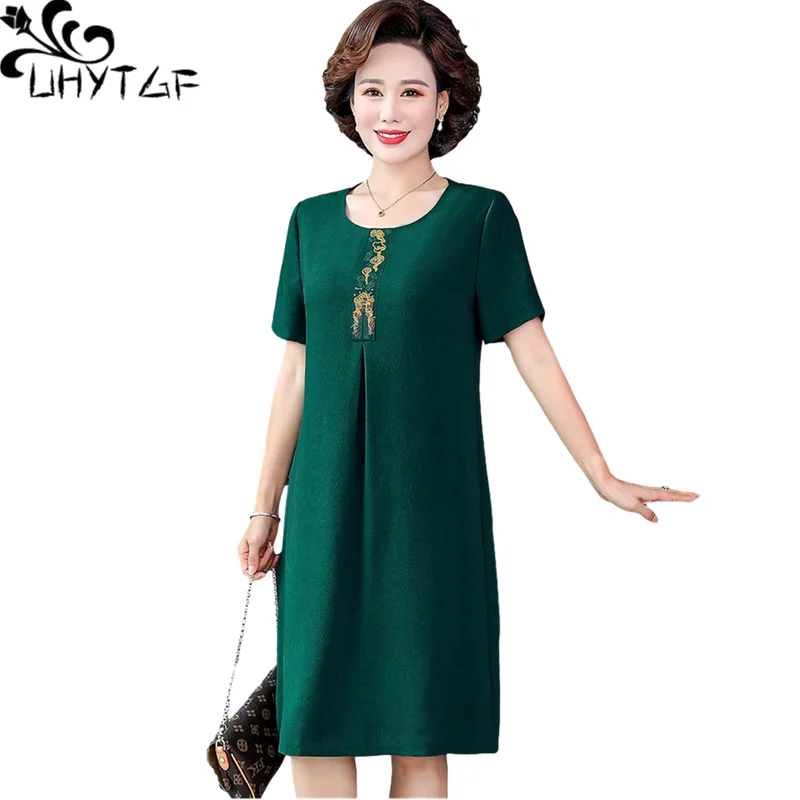 UHYTGF Elegant Mother Summer Dress Short Sleeve Pullover Loose Big Size Dresses Fashion Embroidered Elegant Womens Clothes 2026