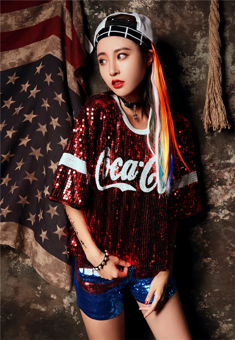 Sequined Hip Hop Streetwear T-Shirt Women Loose New Stitching Short Sleeved Female Letter Print Night Club T-Shirt