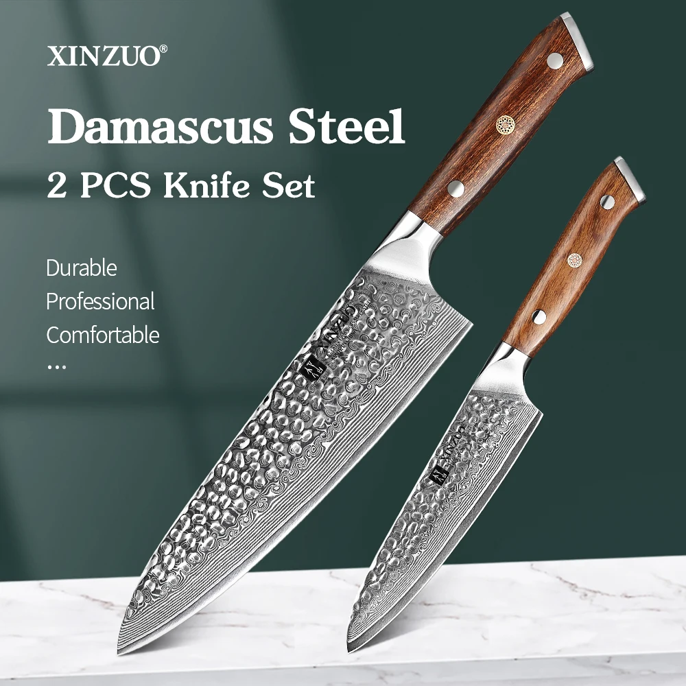 

XINZUO 2PCS Knife Set 5"Utility 8.5"Chef Damascus Steel Cleaver Meat Vege Cutting Kitchen Set Cooking Accessory Handmade Tools