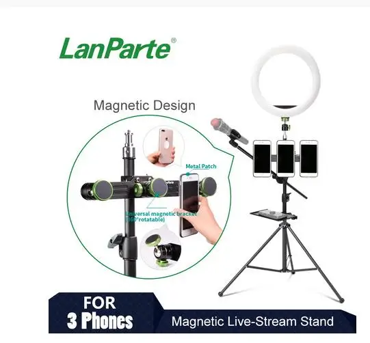 

Lanparte Magnetic Live Stream Tripod Stand for 3 Phones with 10 inch LED Ring Light for Live Video Streaming