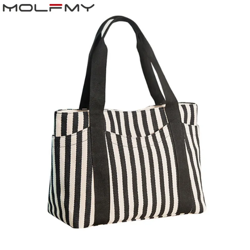 Summer Ladeis Striped Canvas Tote Handbag Retro Hit Color Shopping Hot Sale Beach Simple Shoulder Crossbody Casual  Bag