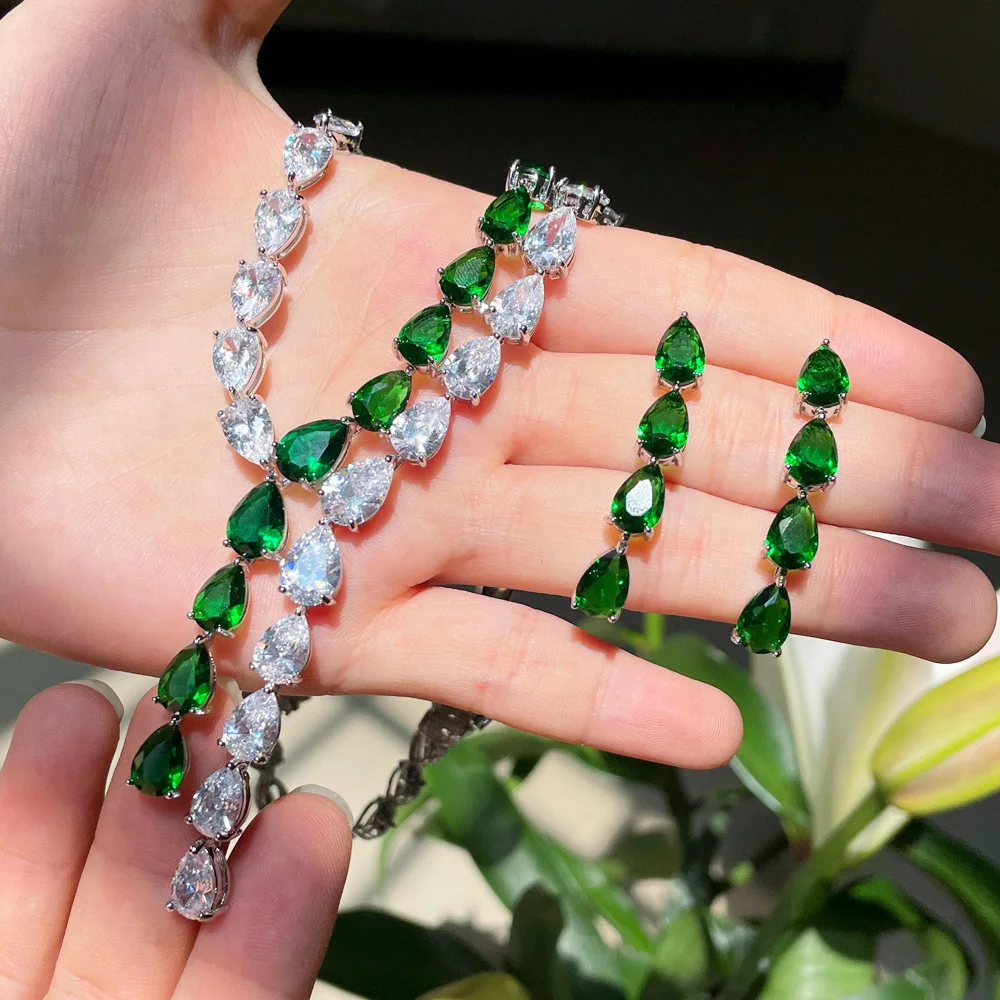 CWWZircons Luxury Green Cubic Zirconia Water Drop Necklace Earrings Jewelry Sets for Brides Party Wedding Dress Accessories T544