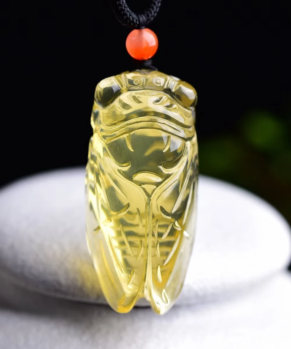 Natural Yellow Citrine Quartz Cicada Carved Pendant Crystal Women Men 41*19*13mm Gemstone Love Wealthy Bead Necklace AAAAA